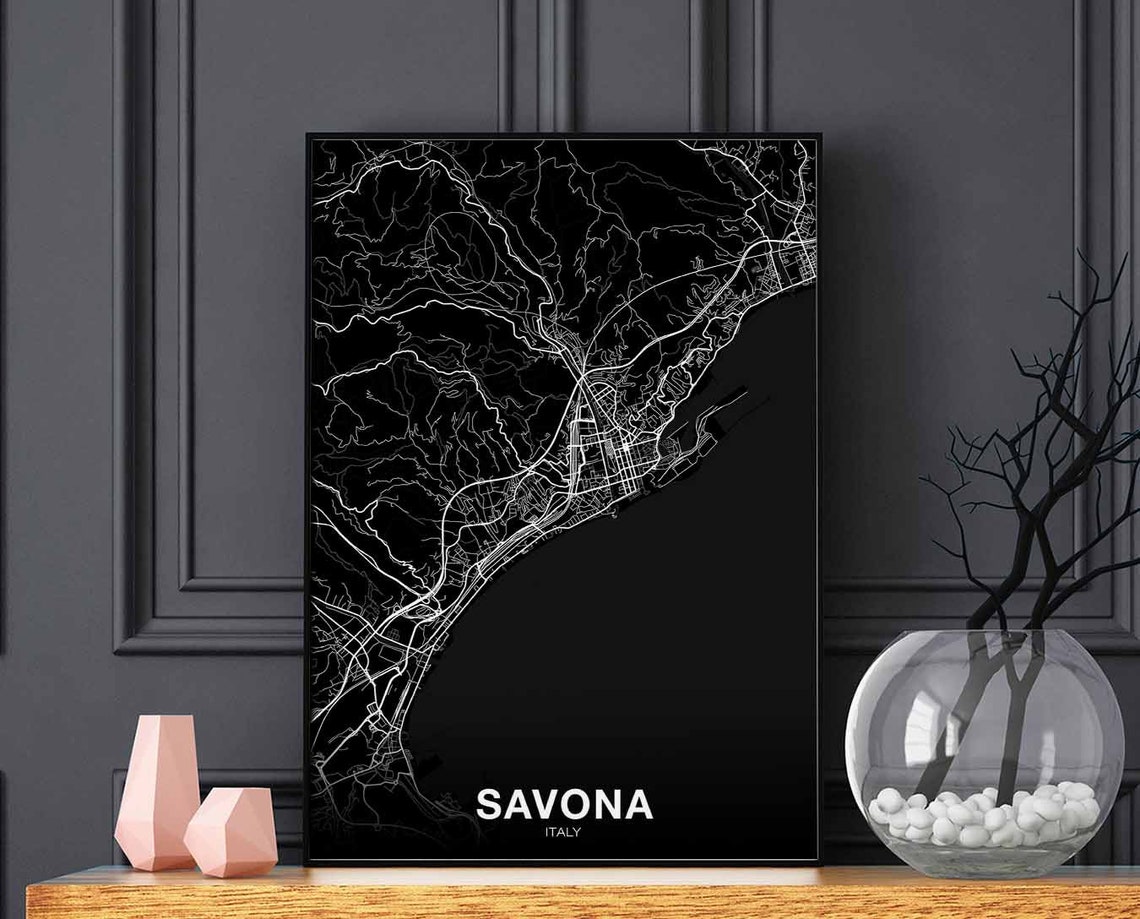 Savona Italy Black Street Map Ligurian Coast City Art Poster