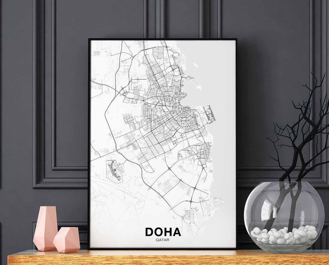 Doha Qatar Minimalist White City Map Poster for Modern Decor