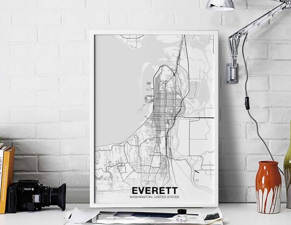 Everett Washington Wa Usa Map Poster Black White Hometown City Print Modern Home Decor Office Decoration Wall Art Dorm Bedroom Gift