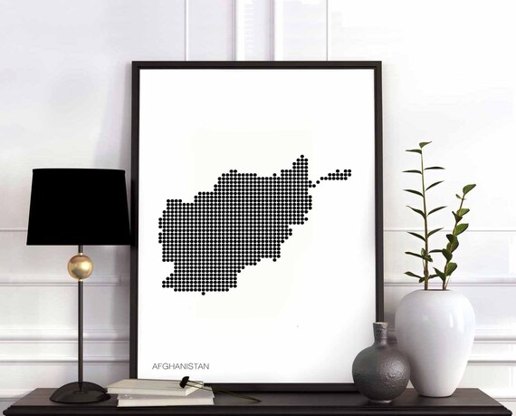 Afghanistan Minimal Dots Retro Map Poster Black White Wall Decor Design Modern Swiss Scandinavian Nordic Housewarming Travel Bedroom