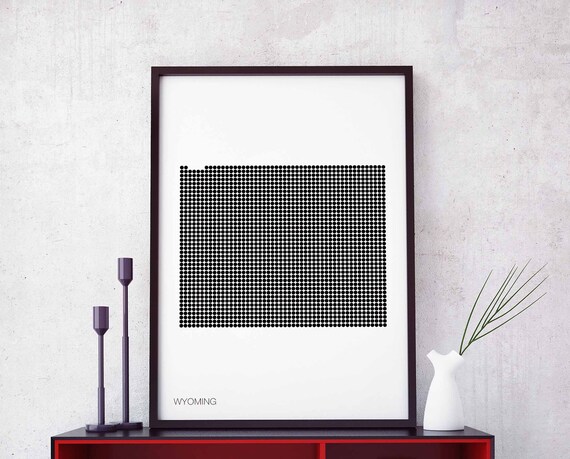 Wyoming Us State Minimal Dots Retro Map Poster Black White Wall Decor Design Modern Swiss Scandinavian Nordic Housewarming Travel