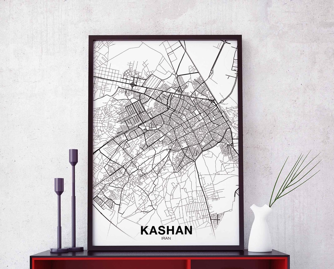 Kashan Iran Black White Street Map Hometown Decor Wall Poster