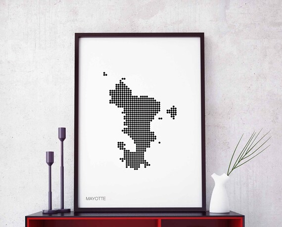 Mayotte Minimal Dots Retro Map Poster Black White Wall Decor Design Modern Swiss Scandinavian Nordic Housewarming Travel
