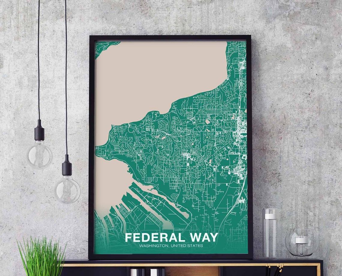 Federal Way Washington City Map Teal And Cream Home Decor Poster