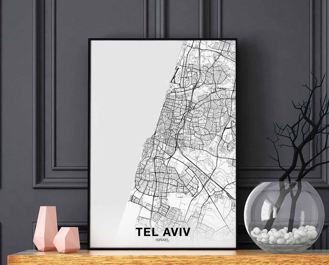 Tel Aviv Israel Downtown Street Map Minimalist Black White Art Poster