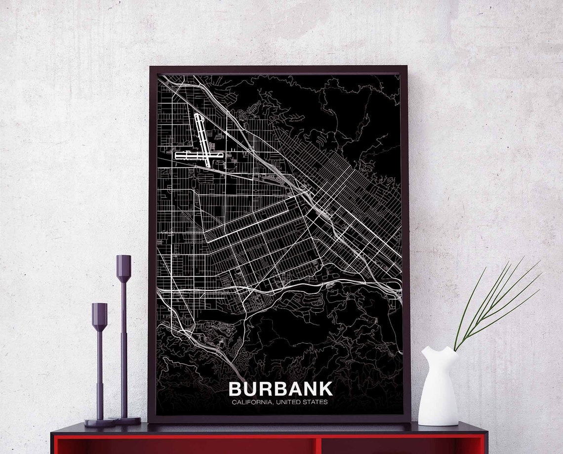 Burbank California City Map Black White Modern Minimalist Poster