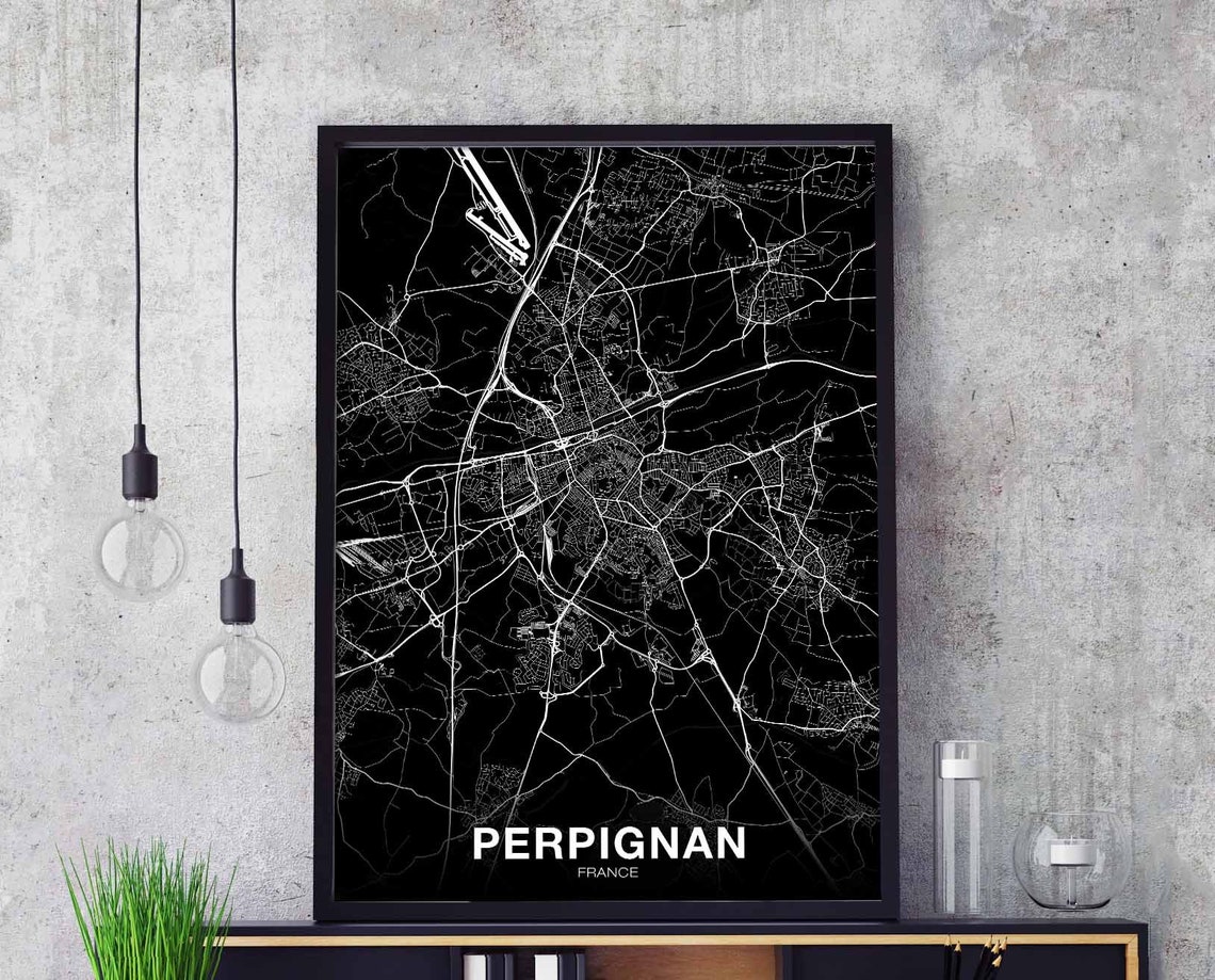 Perpignan France Vintage Black and White City Street Map Poster