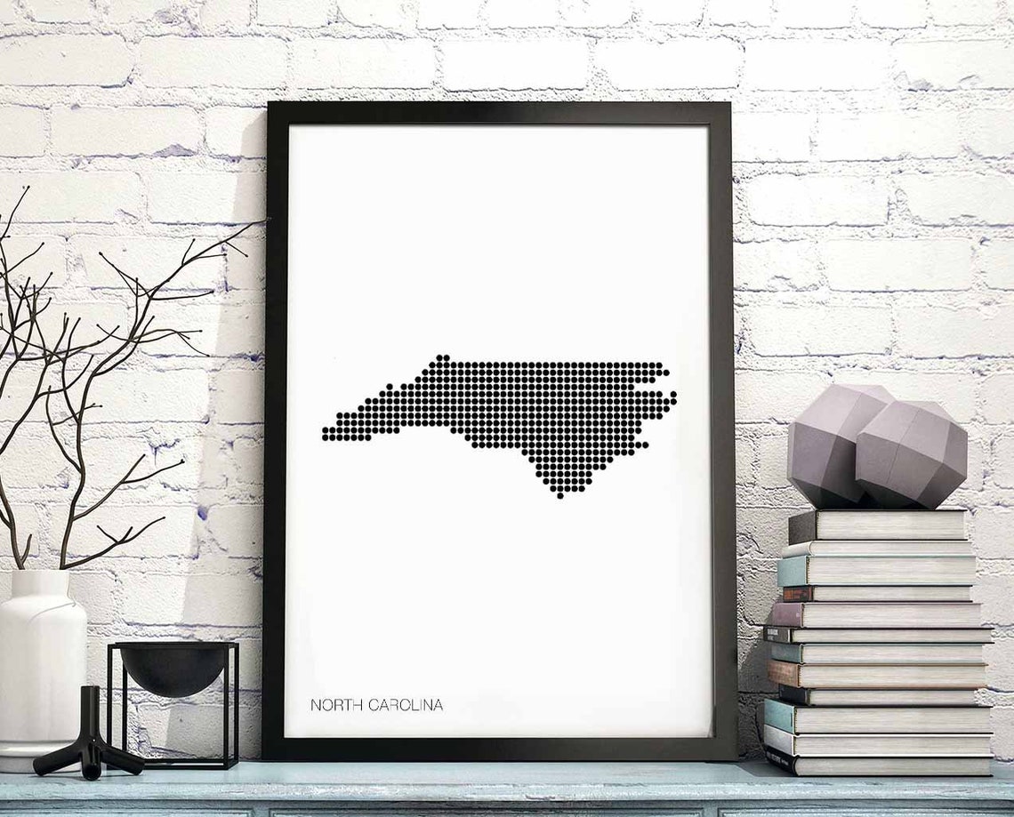North Carolina Dotted Grid Map Black and White Minimalist Wall Poster
