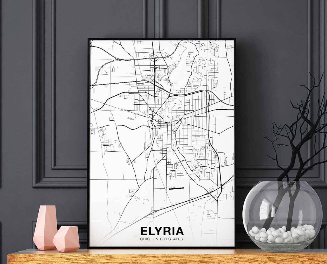 Elyria Ohio USA Black and White City Map Modern Minimalist Home Decor Poster