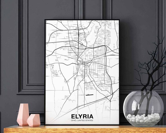 Elyria Ohio Oh Usa Map Poster Black White Hometown City Print Modern Home Decor Office Decoration Wall Art Dorm Bedroom Gift