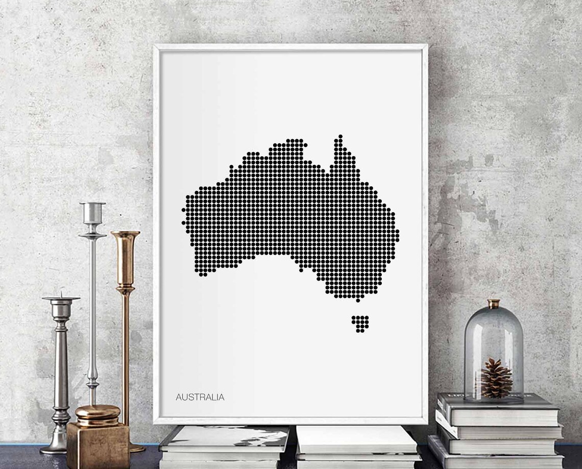 Australia Continent Dotted Map Black White Minimalist Country Map Poster