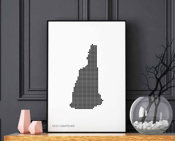 New Hampshire Us State Minimal Dots Retro Map Poster Black White Wall Decor Design Modern Swiss Scandinavian Nordic Housewarming Travel