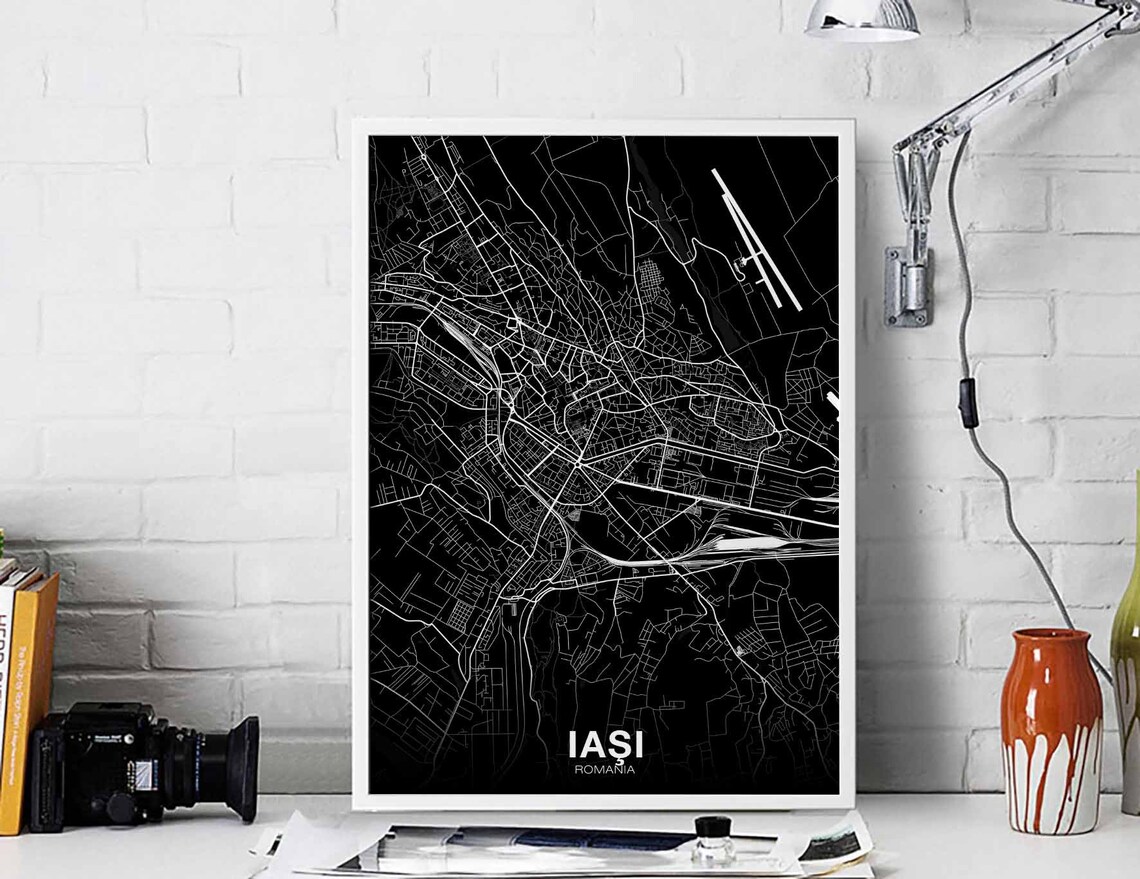 Iasi Romania Map Poster, Black and White Travel Poster