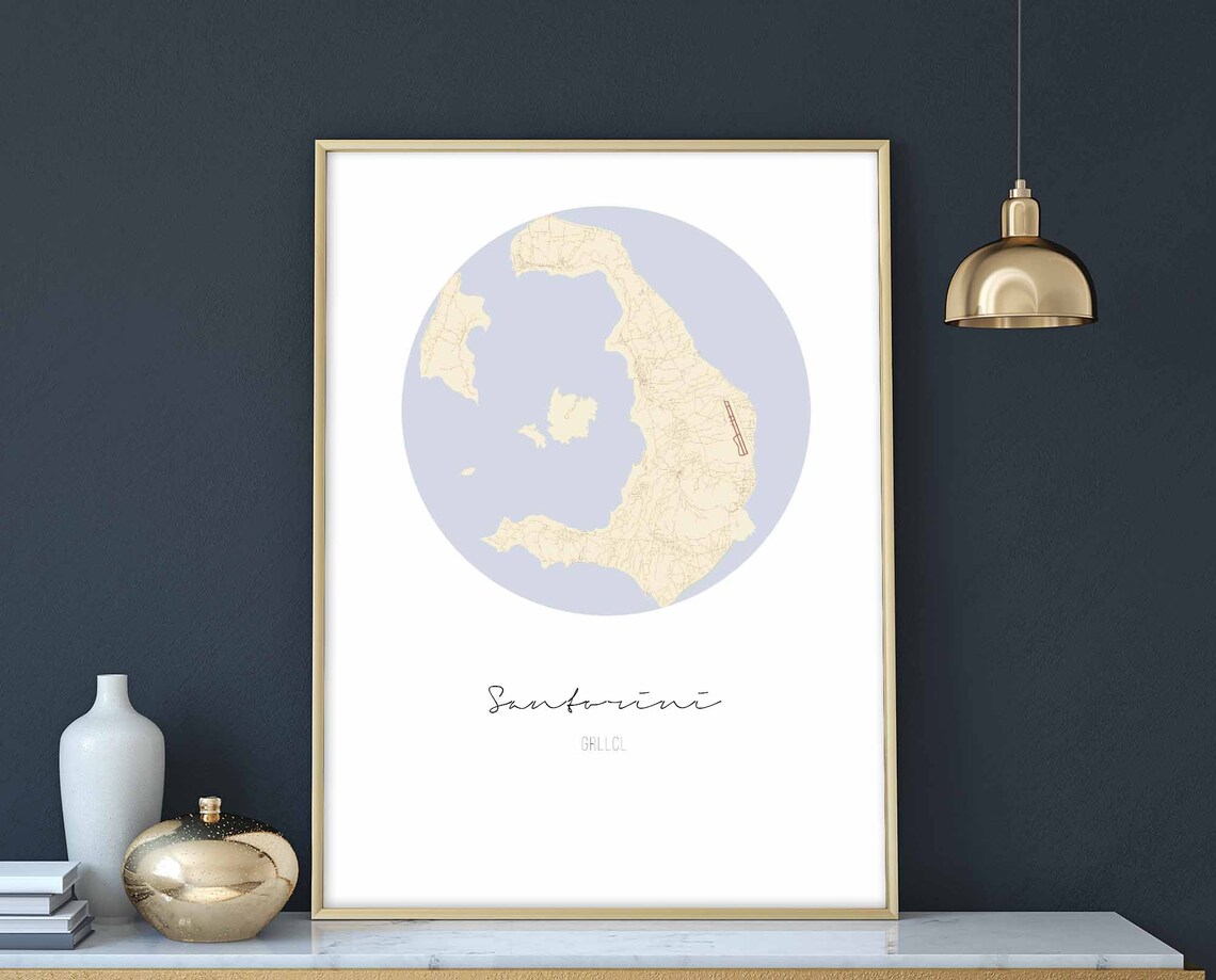 Santorini Greece Map Poster, Vintage Retro Travel Art