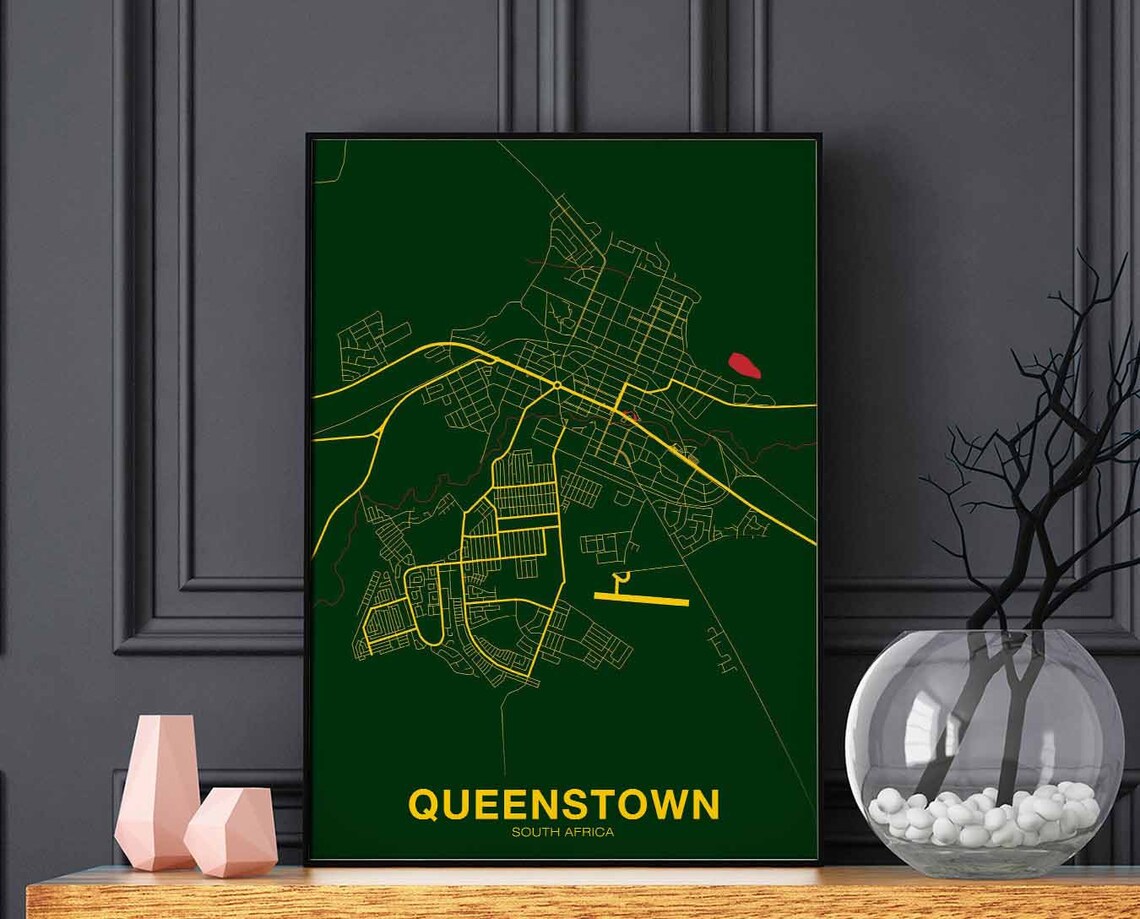 Queenstown South Africa City Map Dark Green and Golden Poster