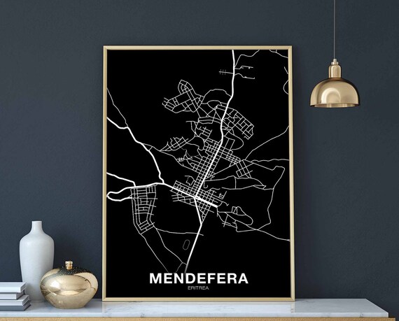 Mendefera Eritrea Map Poster Black White Hometown City Print Modern Home Decor Office Decoration Wall Art Dorm Bedroom Gift