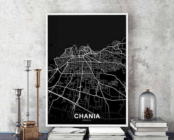 Chania Greece Map Poster Black White Hometown City Print Modern Home Decor Office Decoration Wall Art Dorm Bedroom Gift