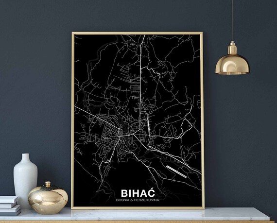 Bihac Bosnia Map Poster Black White Hometown City Print Modern Home Decor Office Decoration Wall Art Dorm Bedroom Gift