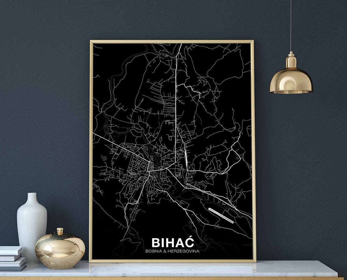 Bihać Bosnia Street Map Poster in Black for Minimalist Home Decor