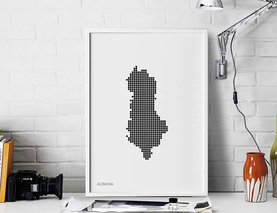 Albania Minimal Dots Retro Map Poster Black White Wall Decor Design Modern Swiss Scandinavian Nordic Housewarming Travel Bedroom