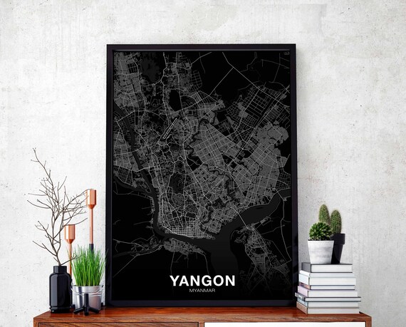 Yangon Myanmar Rangoon Burma Map Poster Black White Hometown City Print Modern Home Decor Office Decoration Wall Art Dorm Bedroom Gift
