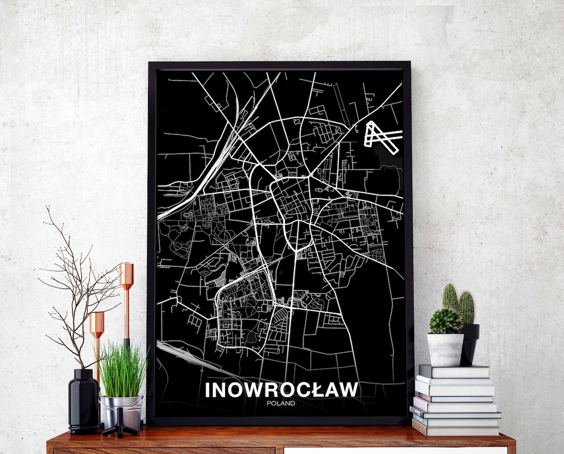 Inowrocaw Poland Map Poster, Black White Travel Print