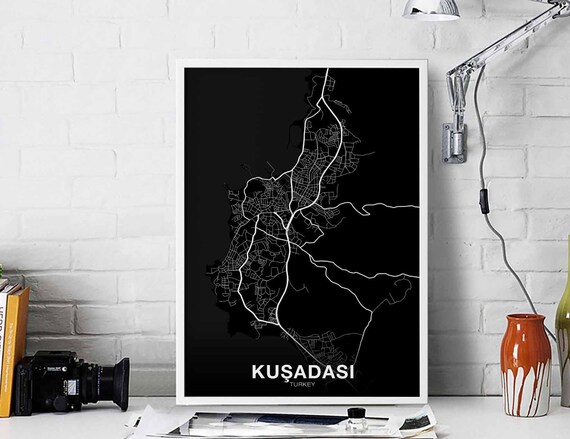 Kusadasi Turkey Map Poster Black White Hometown City Print Modern Home Decor Office Decoration Wall Art Dorm Bedroom Gift