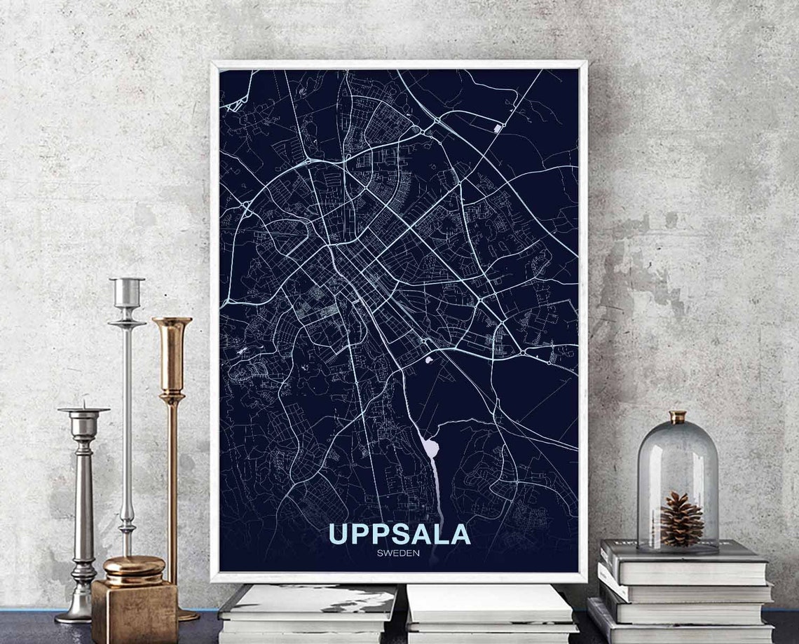 Uppsala Sweden Midnight Navy White Modern City Map Art Poster