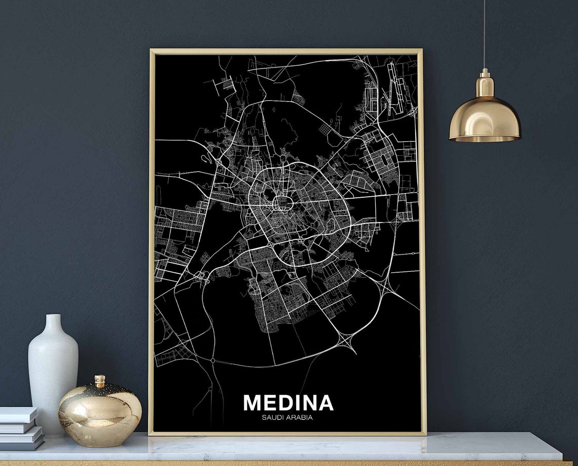 Medina Saudi Arabia City Map Black Night Style Modern Decor Poster