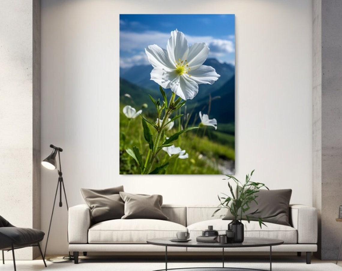 White Wildflower Macro in Alpine Meadow Blue Sky Floral Print