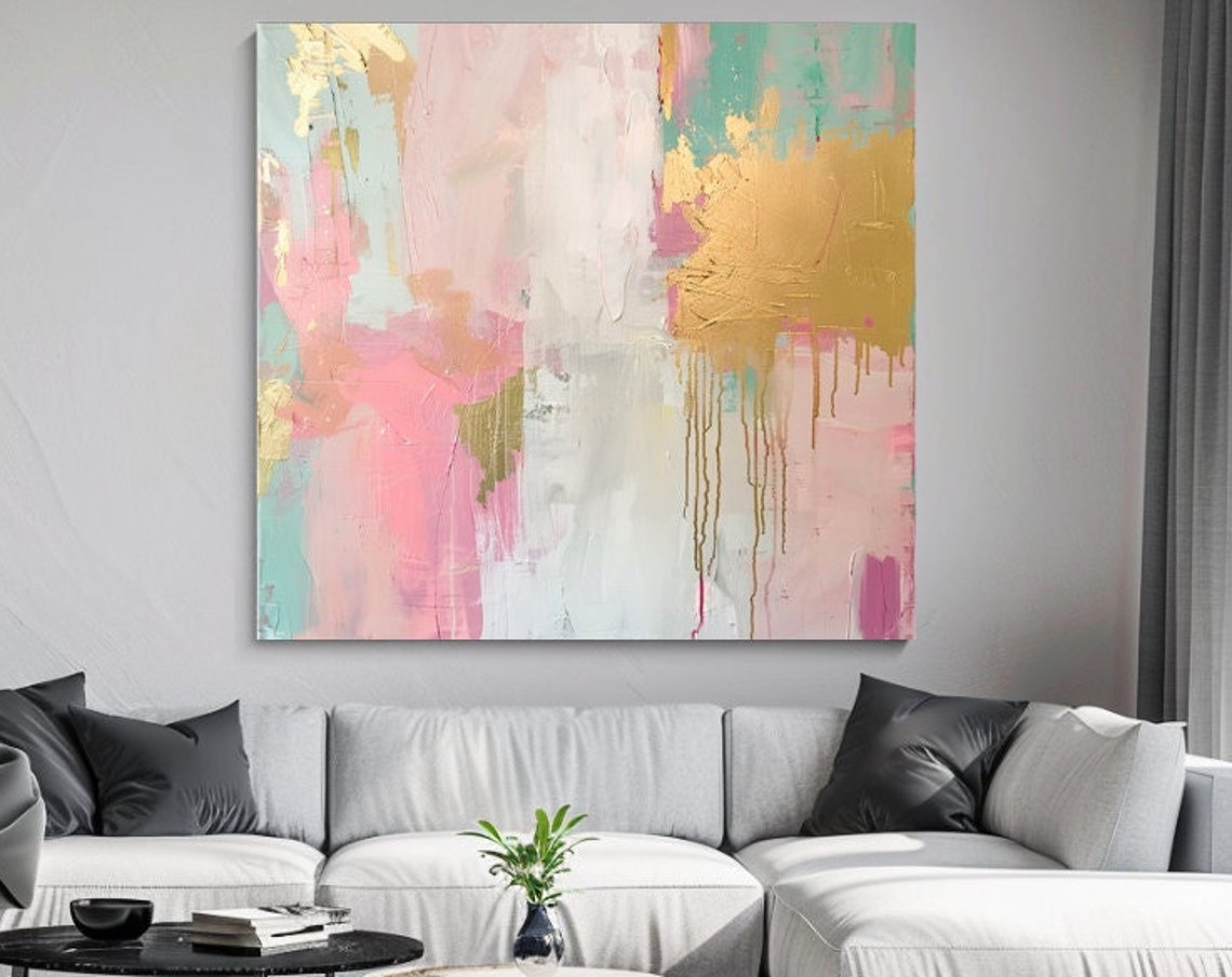 Abstract Pink Gold and Mint Painting Modern Brushstroke Wall Poster