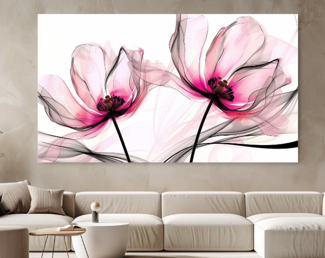 Pink Translucent Flowers Black Ink Outline Abstract Floral Art Poster