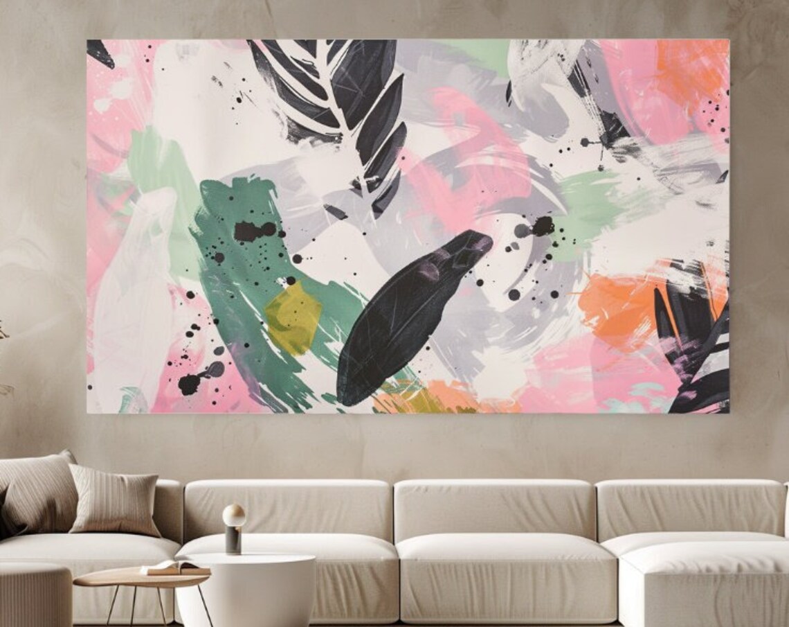 Pastel Pink Green Abstract Brushstrokes Black Feathers Modern Wall Art