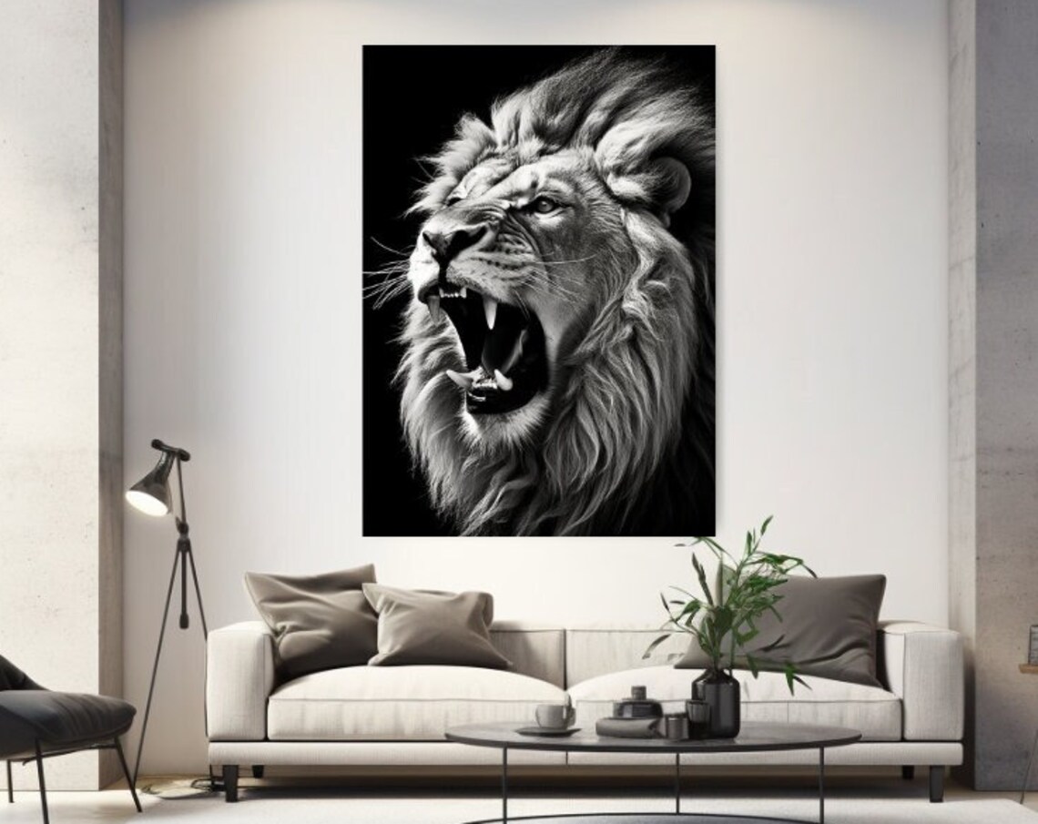 Roaring Lion Black White Powerful Wildlife Close Up Art Poster