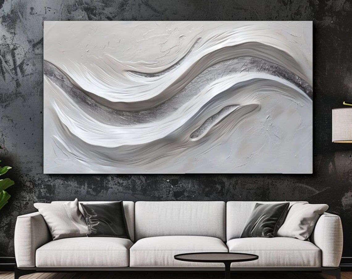White Flowing Waves Textured Silver Abstract Modern Wall Art Poster