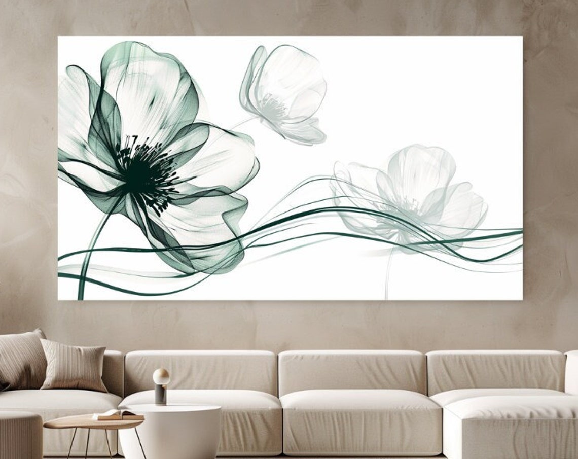 Green Translucent Flowers Ink Outline Abstract Botanical Art Poster