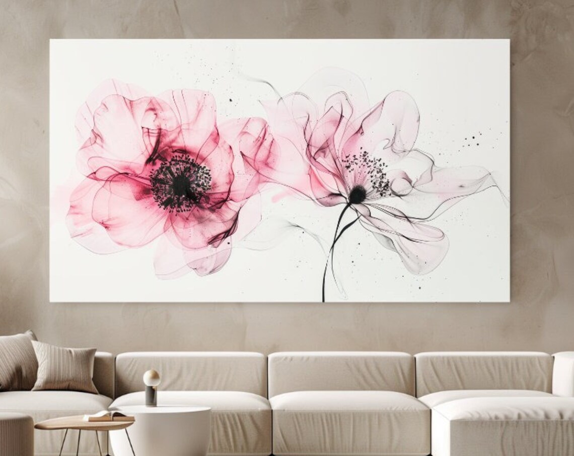 Soft Pink Watercolor Flowers Delicate Ink Wash Floral Wall Art Poster