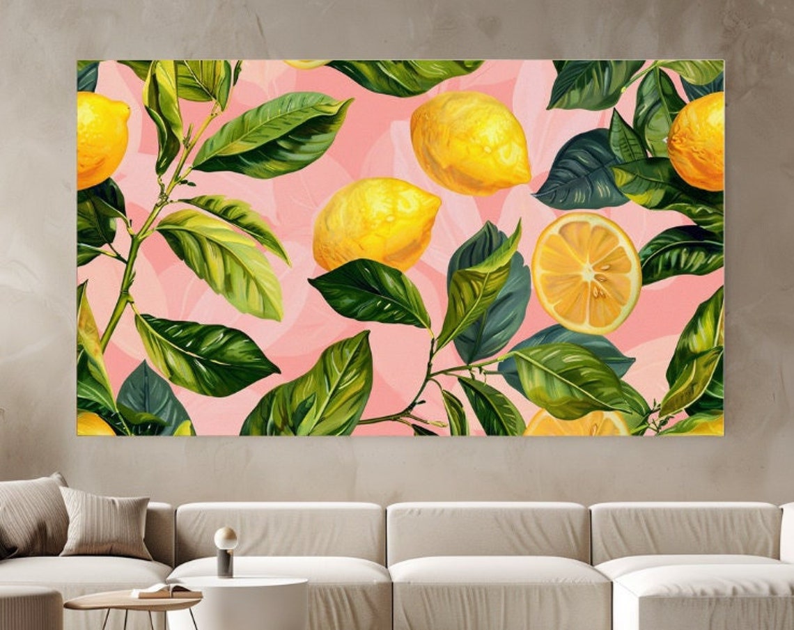 Lemons and Green Leaves Tropical Pattern Pink Kitchen Wall Art