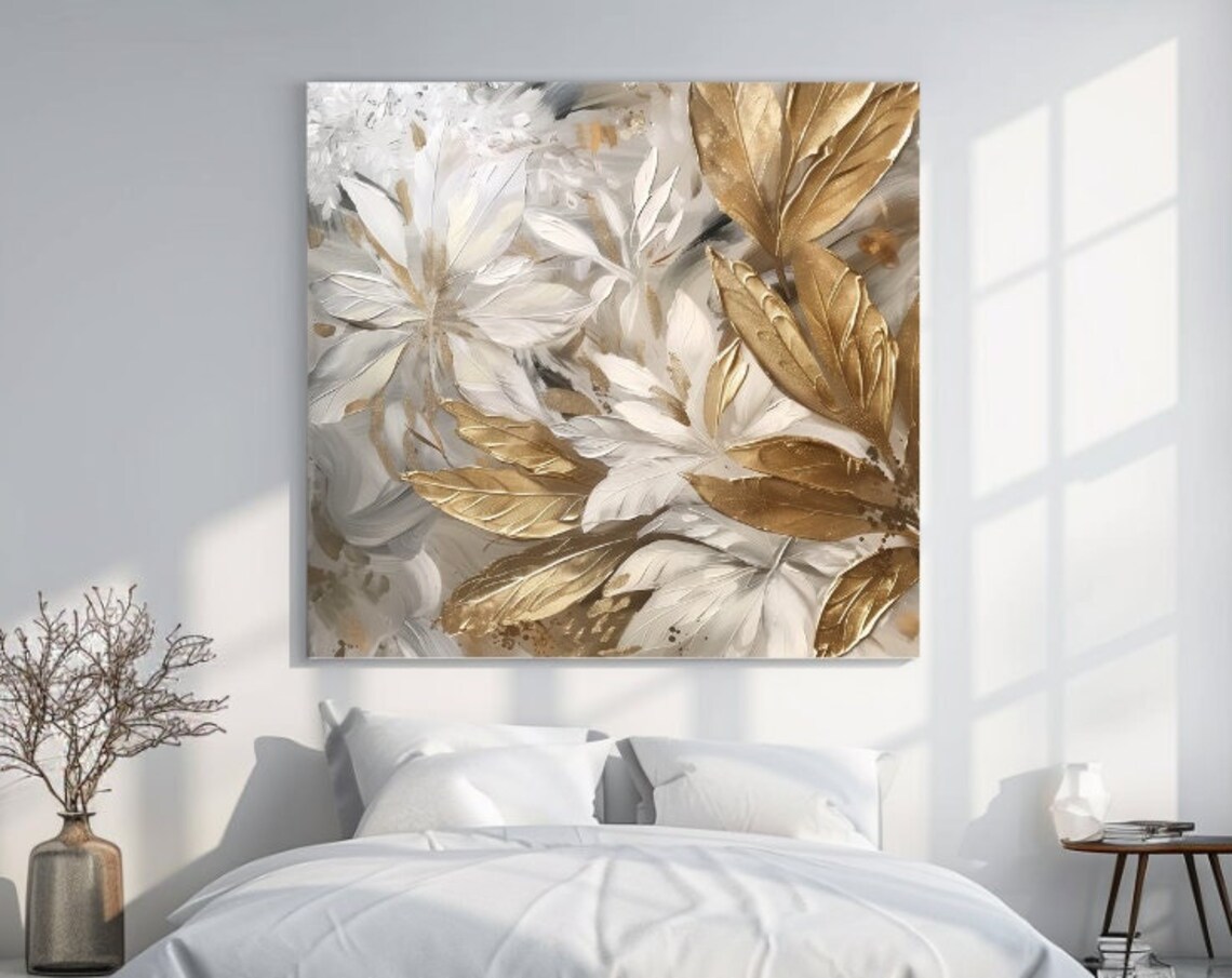 White Gold Leaves Abstract Art Print, Botanical Decor