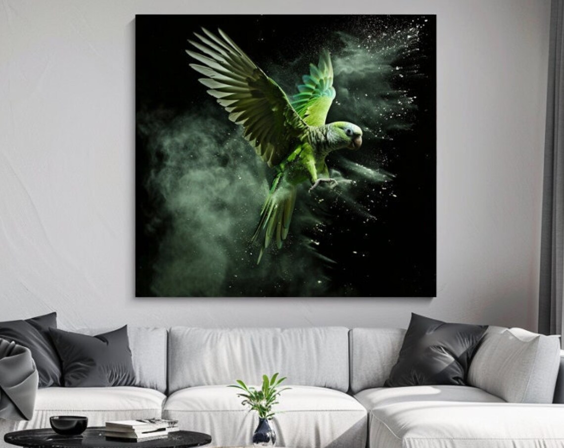 Green Parrot in Flight Black Background Exploding Powder Art Poster