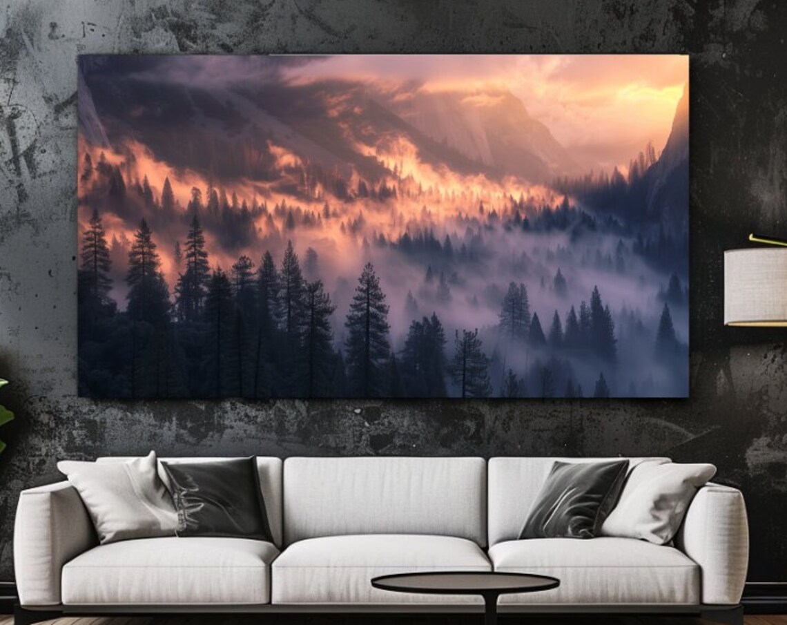 Foggy Mountain Forest Valley Pink Sunset Misty Pines Landscape Poster