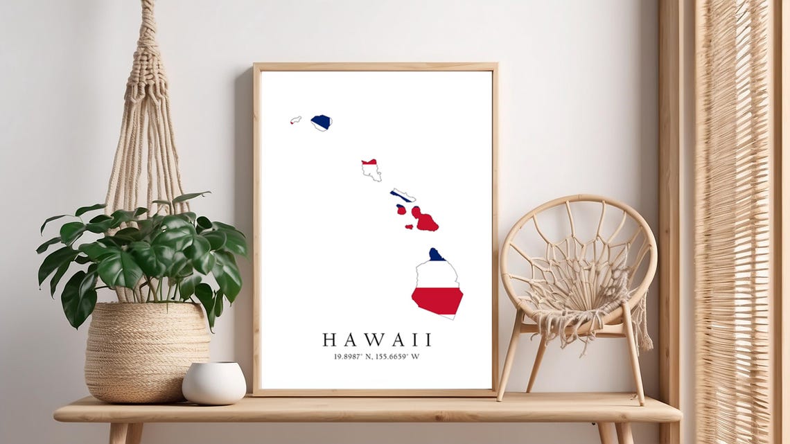 Hawaii Islands Map in State Flag Colors with Coordinates Poster
