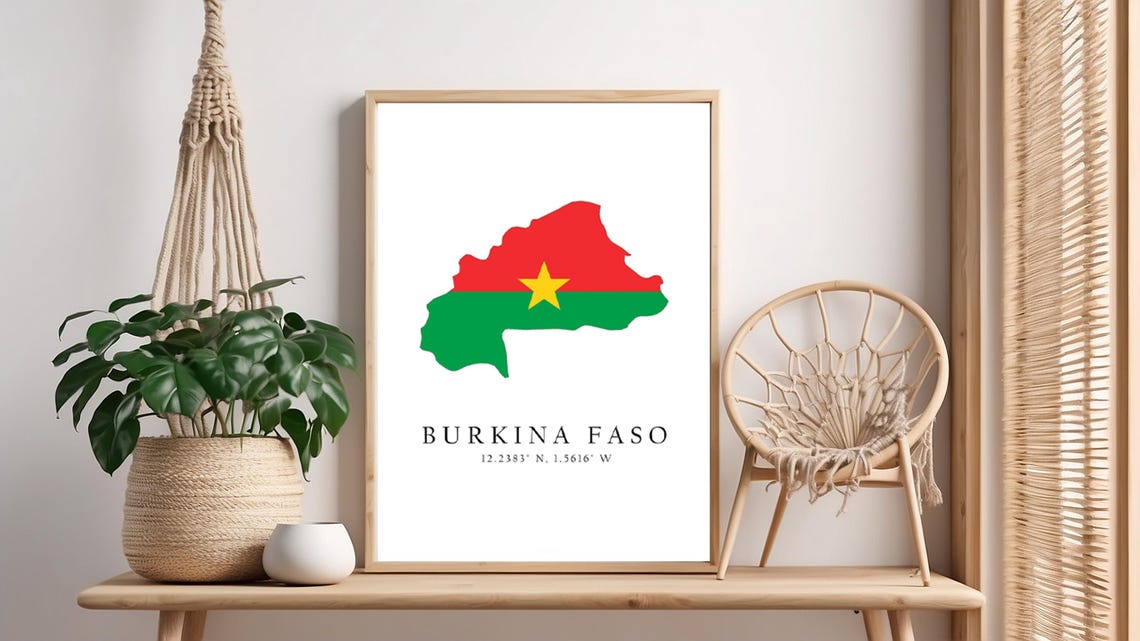 Burkina Faso Map Print Flag Latitude Longitude Coordinates Poster Wall Art Home Dcor