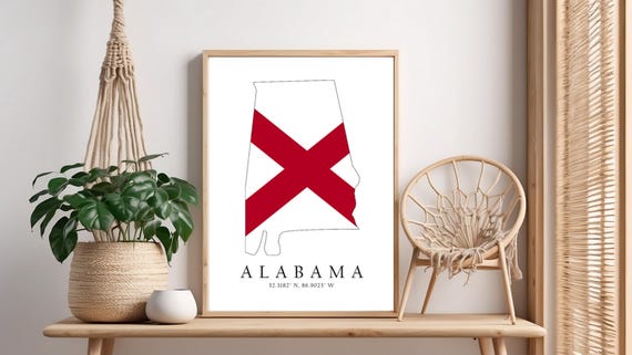 Alabama Map Print Flag Latitude Longitude Coordinates Poster Wall Art Home Dcor