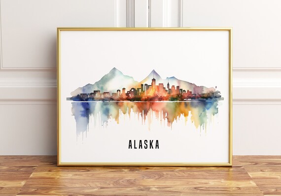 Alaska Watercolor Skyline Mountain Reflection Cityscape Wall Art