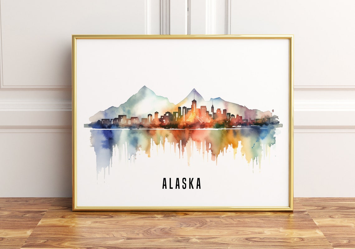 Alaska Watercolor Skyline Mountain Reflection Cityscape Wall Art