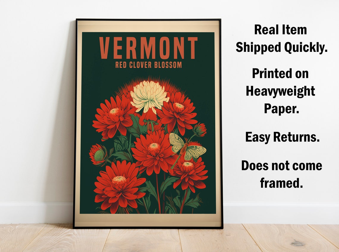 Vermont Red Clover Blossom Retro Vintage State Flower Art Poster