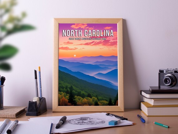 North Carolina Great Smoky Mountains Sunset Retro Travel Poster