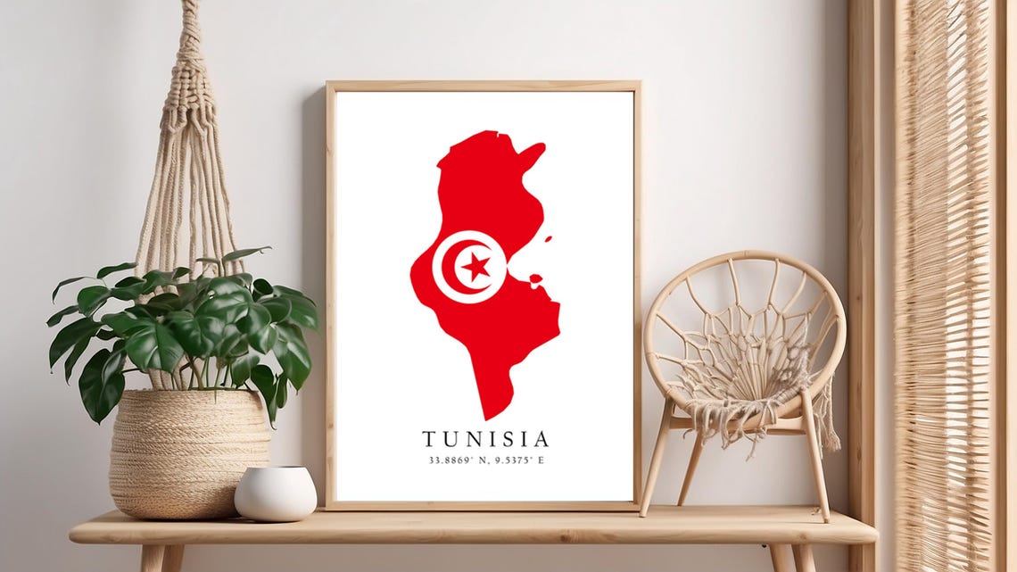 Tunisia Country Map Poster in Tunisian Flag Colors with Coordinates