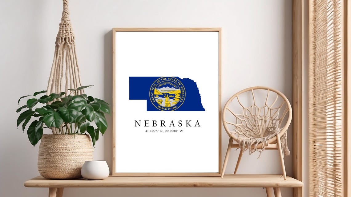 Nebraska Map Print Flag Latitude Longitude Coordinates Poster Wall Art Home Dcor